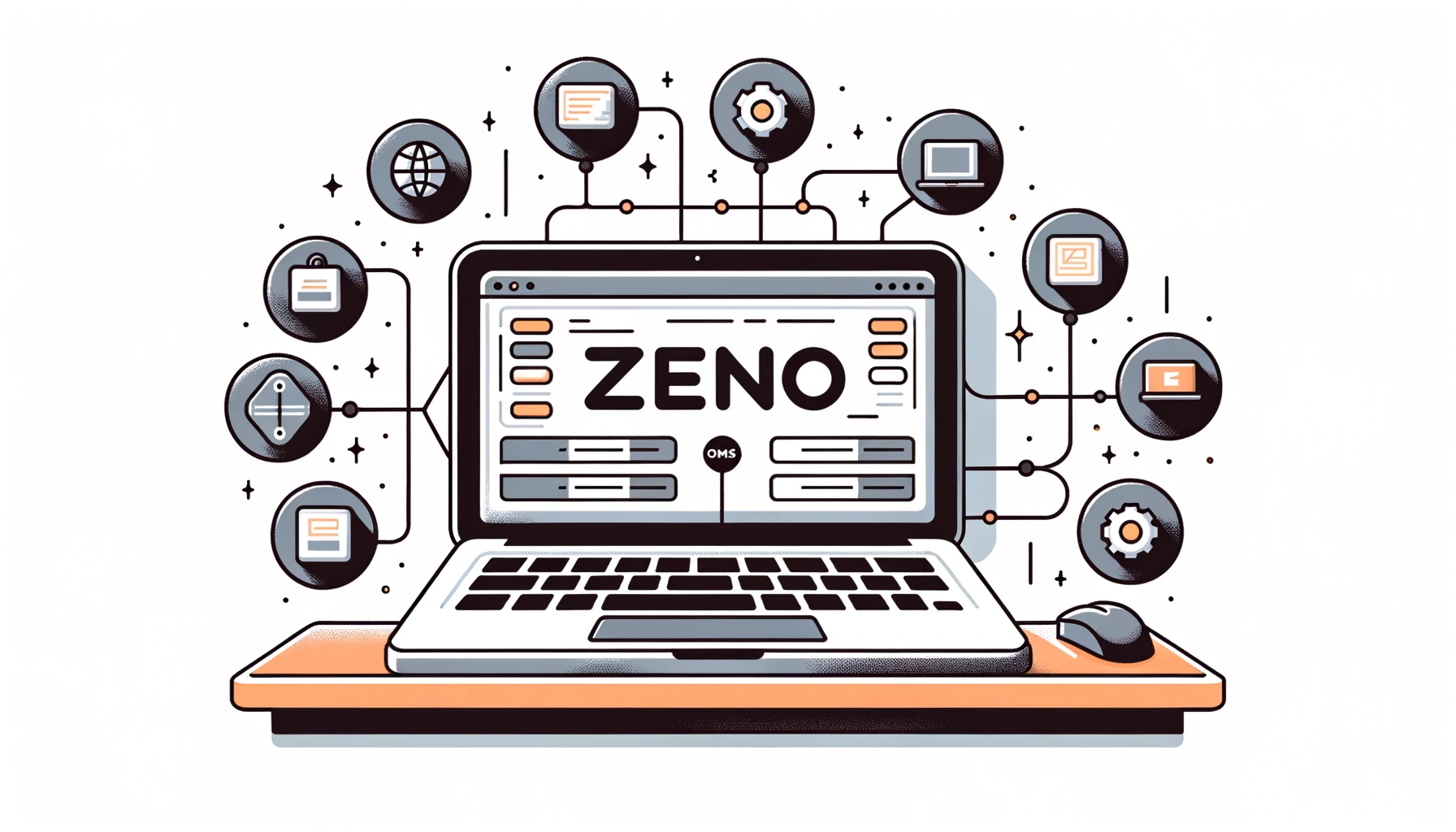 DALL·E 2023-10-23 09.38.38 - Illustration of a laptop on a desk with a white background. The screen shows the Zeno OMS logo at the top and a simple list of API endpoints below it