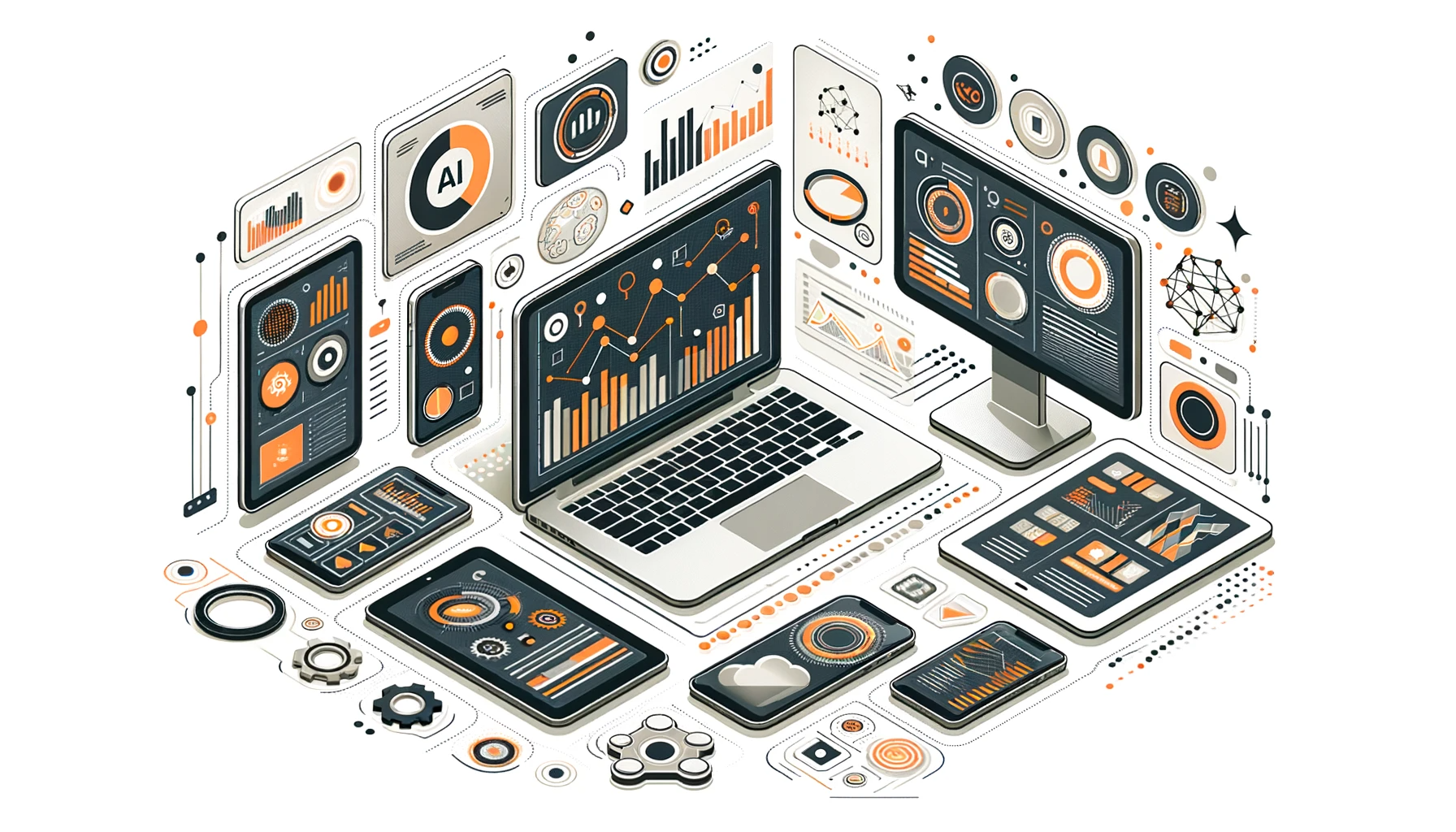 DALL·E 2023-10-24 20.44.02 - Illustration of a digital workspace setup with a white background. Multiple devices such as a laptop, tablet, and smartphone are placed on a desk. Eac