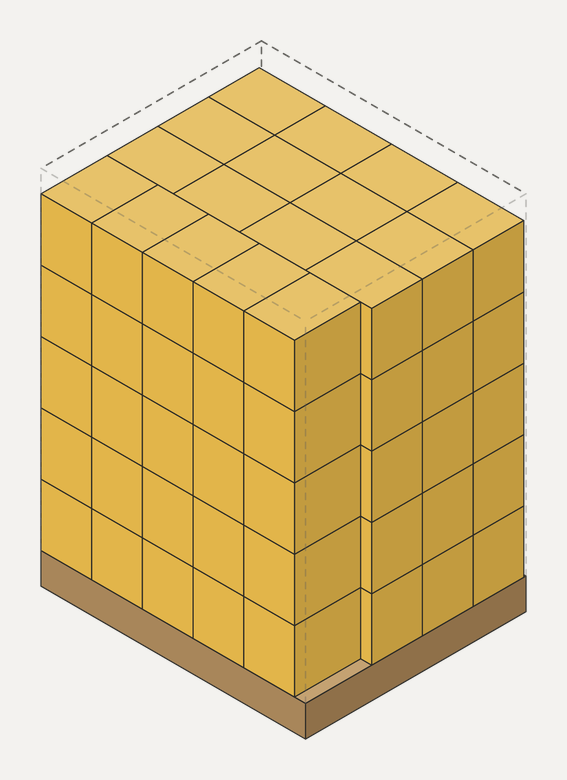 85 cases of oil in five full layers of 17 on one pallet